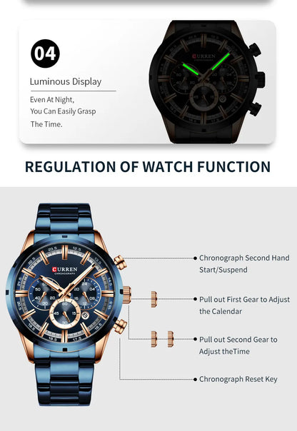 Orologio da uomo Curren con quadrante blu, cinturino in acciaio inox, data, stile business, impermeabile, orologio di lusso da polso per uomo