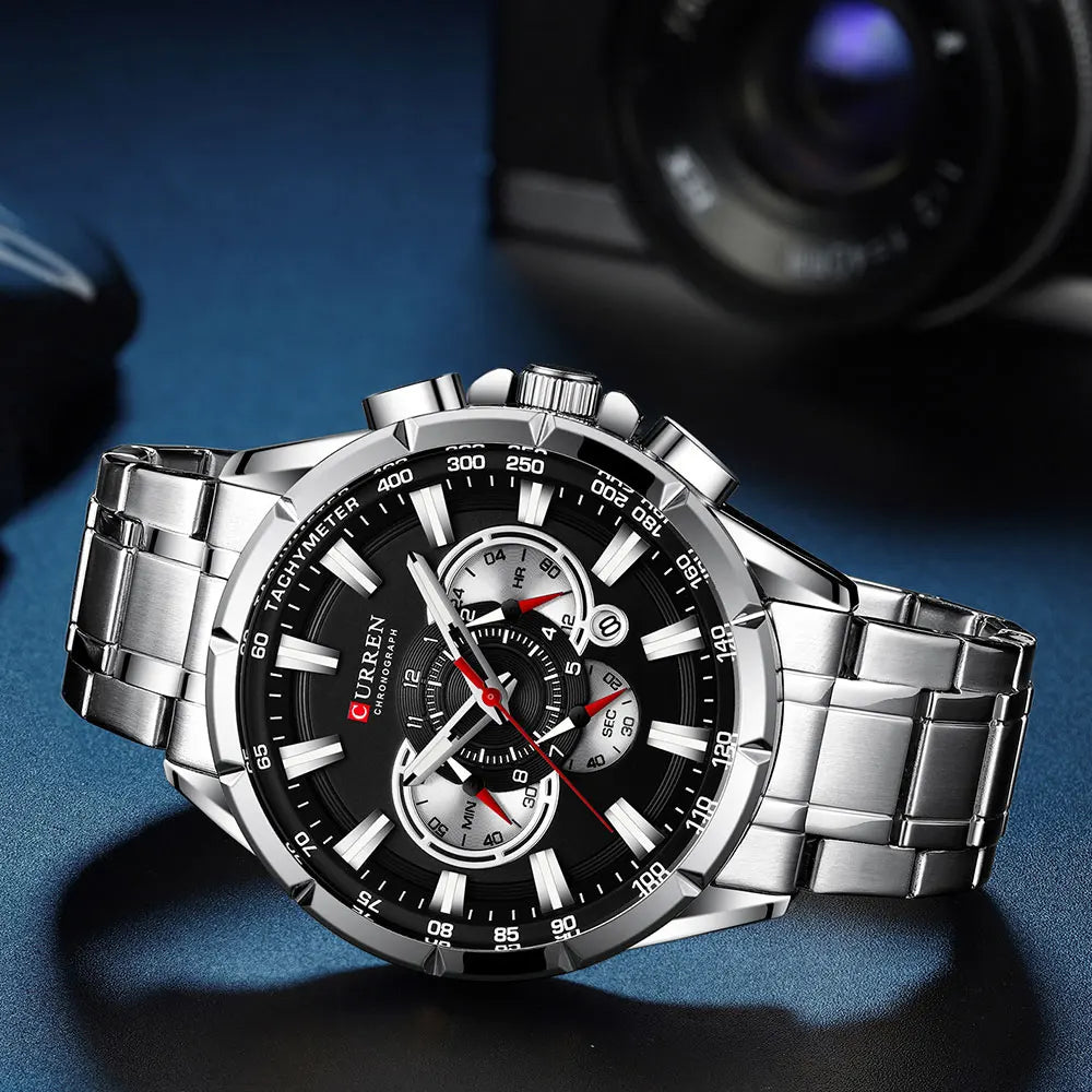 Montre pour homme CURREN – Montre-bracelet de luxe en acier inoxydable, style business, chronographe, modèle militaire à quartz