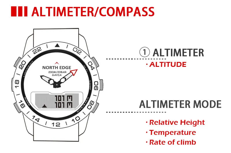 Stainless Steel Men's Quartz Watch Dive Sport Watches Waterproof 200M Analog Digital Watch Altimeter Barometer Compass NORTH EDGE