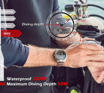 Stainless Steel Men's Quartz Watch Dive Sport Watches Waterproof 200M Analog Digital Watch Altimeter Barometer Compass NORTH EDGE