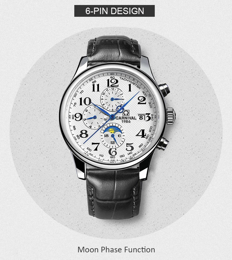 Carnival Brand Automatic Watch Fashion Luxury Waterproof Calendar Moon Phase Mechanical Watches For Men Clock Relogio Masculino