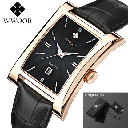 WWOOR Brand Classic Fashion Mens Rectangle Watches Male Gold Brown Leather Quartz Waterproof Wrist Watch For Men Calendar Clocks