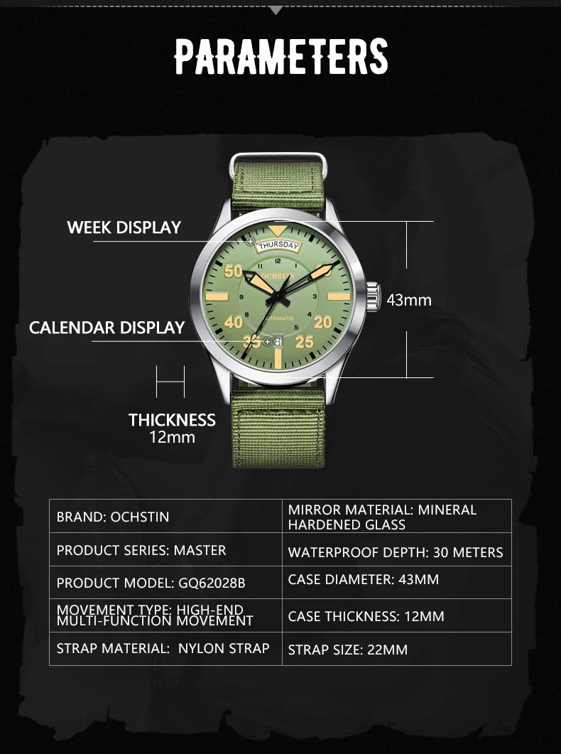 Pilot Men's Watches OCHSTIN Automatic Mechanical Men Watch Military Outdoor Waterproof Wristwatch Date Week Dial Gift For Male