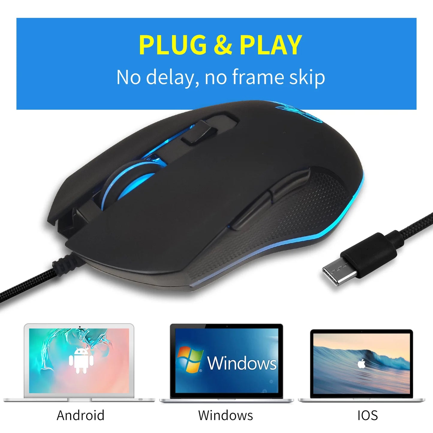 USB-C Mute Colorful Luminous Mouse for Type C Notebook Computer Gaming Mouse