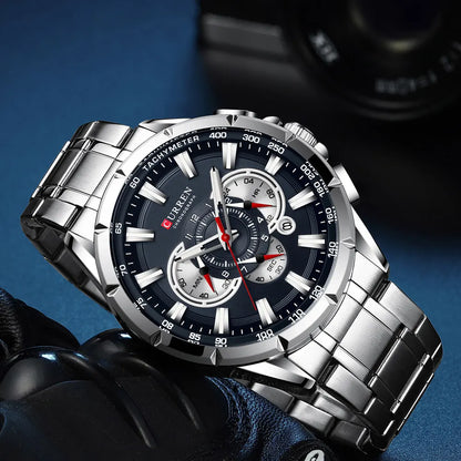 Montre pour homme CURREN – Montre-bracelet de luxe en acier inoxydable, style business, chronographe, modèle militaire à quartz