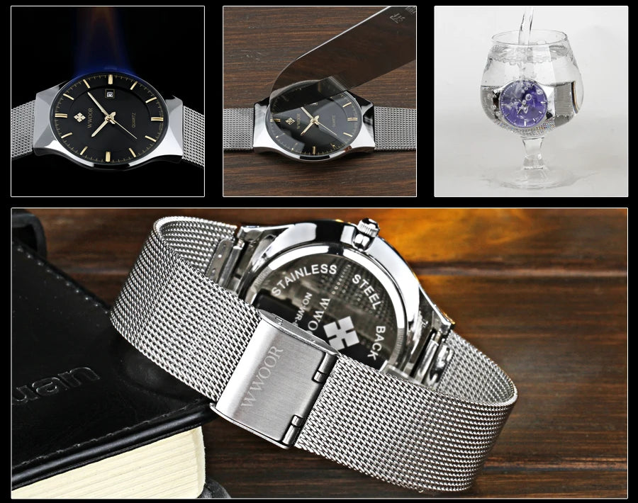 WWOOR Silver Men Watches with Mesh Steel Top Brand Luxury Ultra Thin Quartz Waterproof Date Business Wristwatch Box Montre Homme