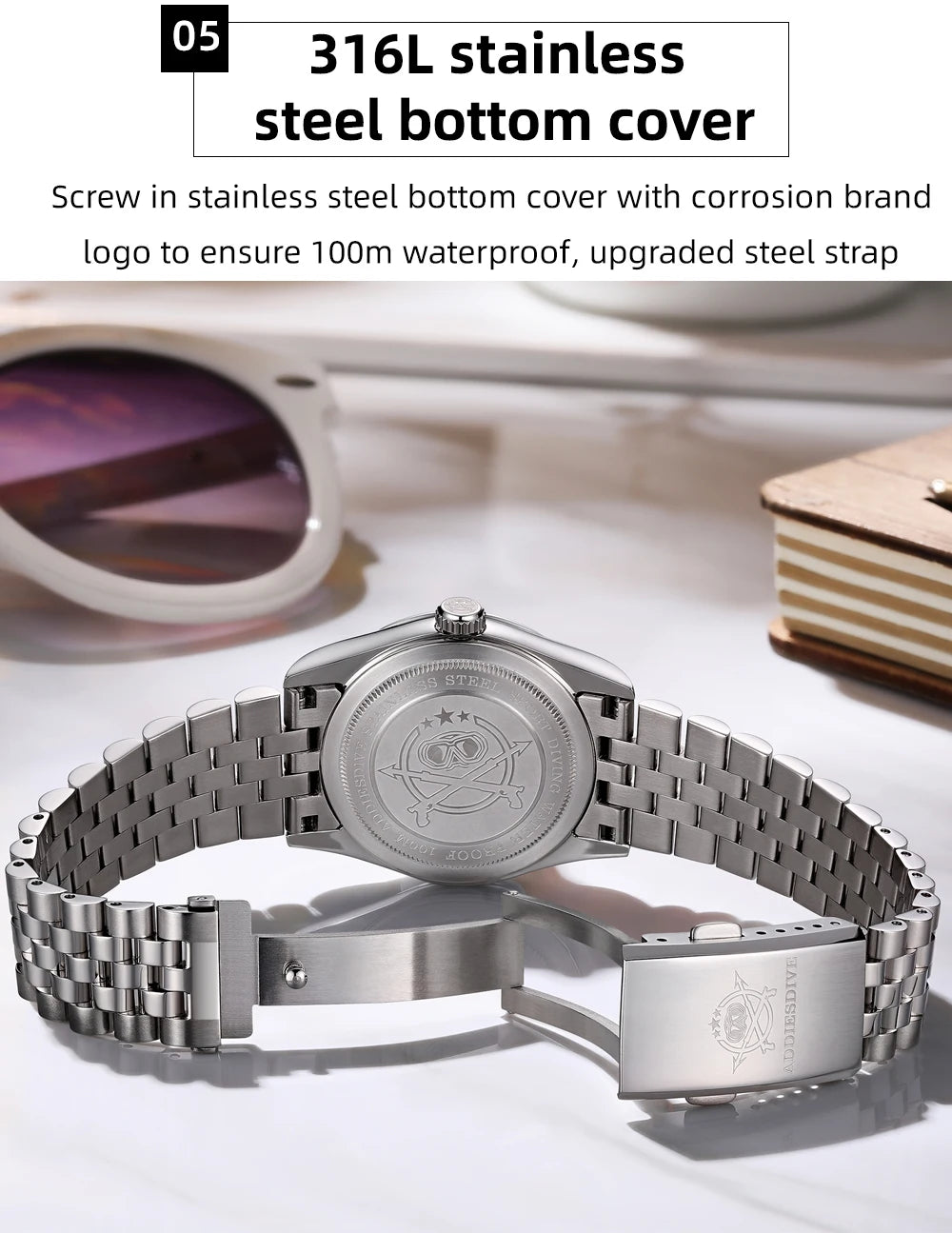 Reloj para hombre ADDIESDIVE AD2073, cristal de zafiro, 36mm, VH31, esfera sunburst, cuarzo, 10Bar, impermeable para buceo, luminoso