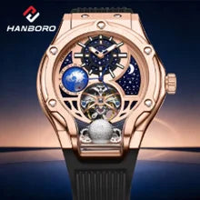 HANBORO men’s mechanical watch – Automatic movement, alarm, hourly chime, water-resistant to 100 m, sapphire crystal, steel case, elegant and unique style.