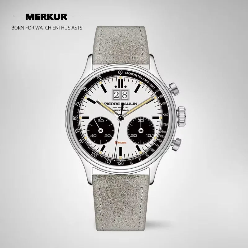 New PIERRE PAULIN BIg Date Retro 70‘s Vintage Panda Style Chronograph Mechanical Men's Complicated 38MM Luxury Sapphire Wrist