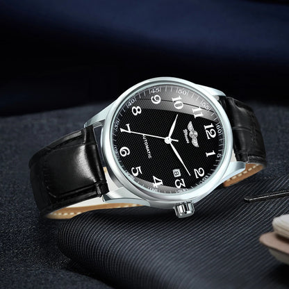 Herrklocka WINNER – Klassisk, retro och elegant stil – Mekanisk automatisk klocka med kalender – Lyxmärke, boett i stål och läderarmband