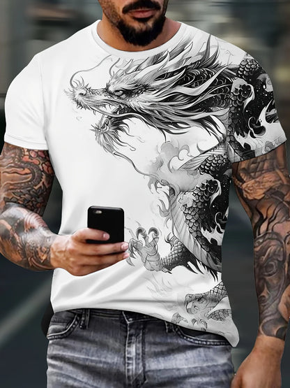 Ανδρικό T-Shirt με Στάμπα Δράκου, Casual Διαπνέον Ύφασμα, Graphic Tee Street Style, Μπλούζα Εξωτερικού Χώρου με Κοντά Μανίκια, Ανδρικά T-Shirts