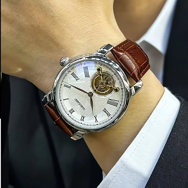 Men’s automatic mechanical watch – Elegant openwork design, trendy ‘business casual’ style, alloy case and leather strap, battery-free