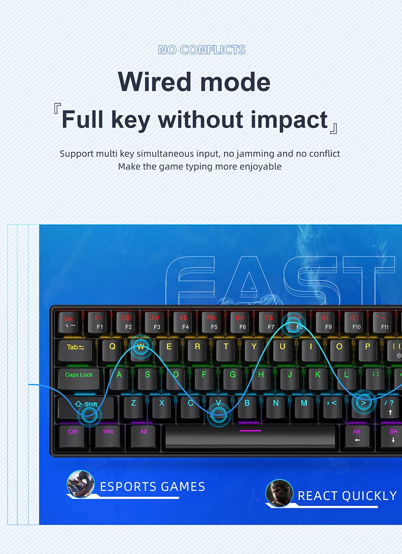 Tastiera meccanica da gaming cablata mini APAYADO K61 60% Phantom RGB, 61 tasti, switch Red/Blue, ergonomica, portatile per PC/laptop
