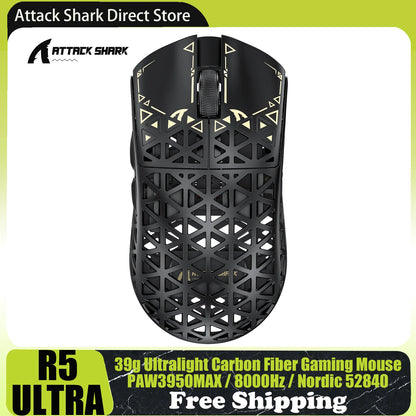 ATTACK SHARK R5 Ultra bežični gaming miš od karbonskih vlakana, gaming senzor PixArt PAW3950MAX, 42000DPI, 8000Hz, MCU Nordic 52840