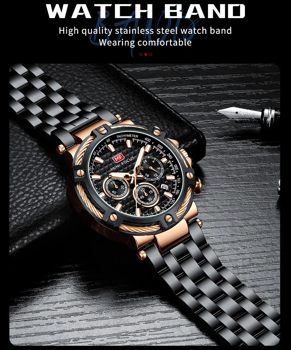 MINI FOCUS Black Stainless Steel Quartz Watch Men Fashion Luminous Dress Wristwatch with Date 24-hour Display Chronograph 0470