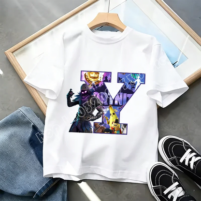 Fortnite A-Z Alphabet Print T-Shirt Summer Kids White Clothing Popular Cartoon Game T-Shirt Fashion Casual Short Sleeve Top Gift