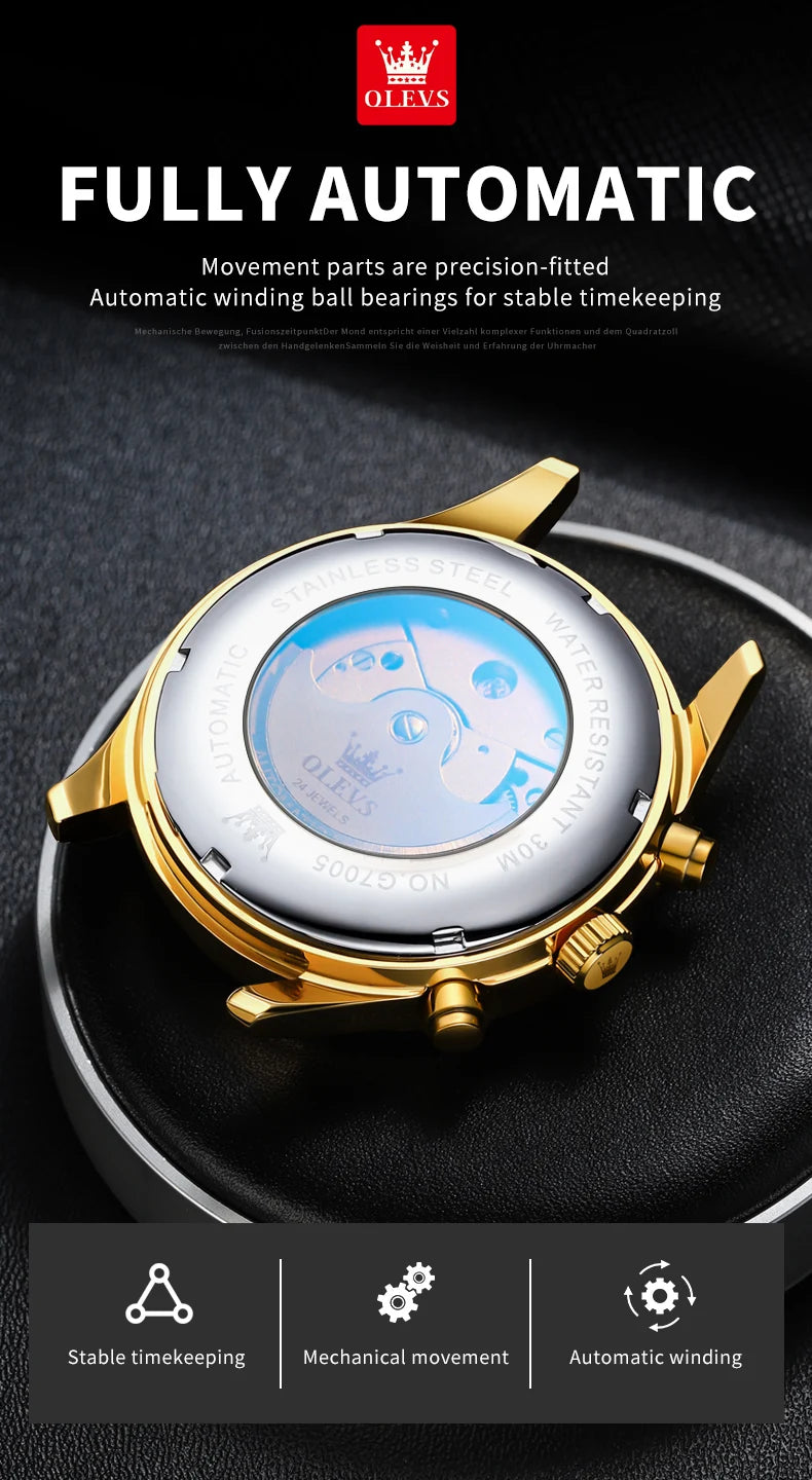 OLEVS 7005 Classic Business Mechanical Wristwatch for Men Skeleton Flywheel 24 Hour Moon Phase Calendar Luxury Men's Watch