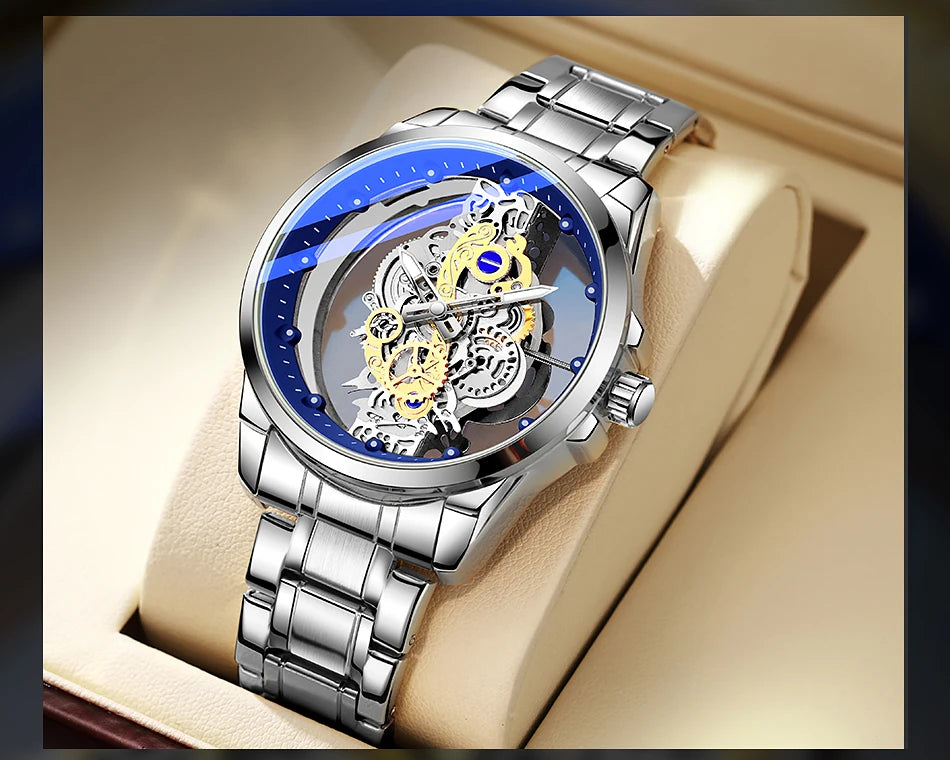 TPW men’s wristwatch – Trendy style, ‘skeleton’ model (black, gold or blue), quartz movement (non-automatic), luxury accessory, collection – Wholesale