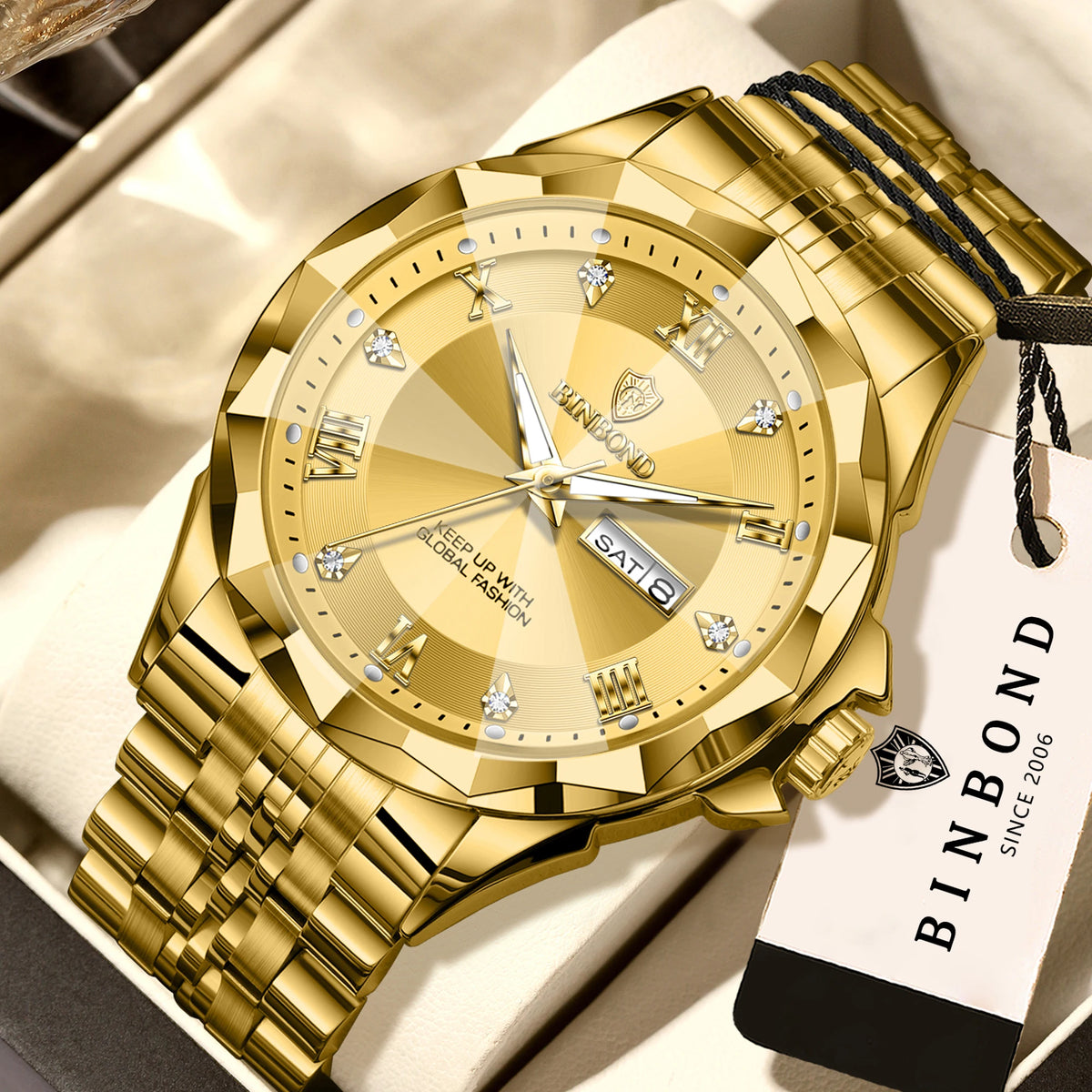 Relógio de quartzo para homem BINBOND – Relógio de pulso de luxo, luminoso e estanque, com indicação do dia da semana e data automática.