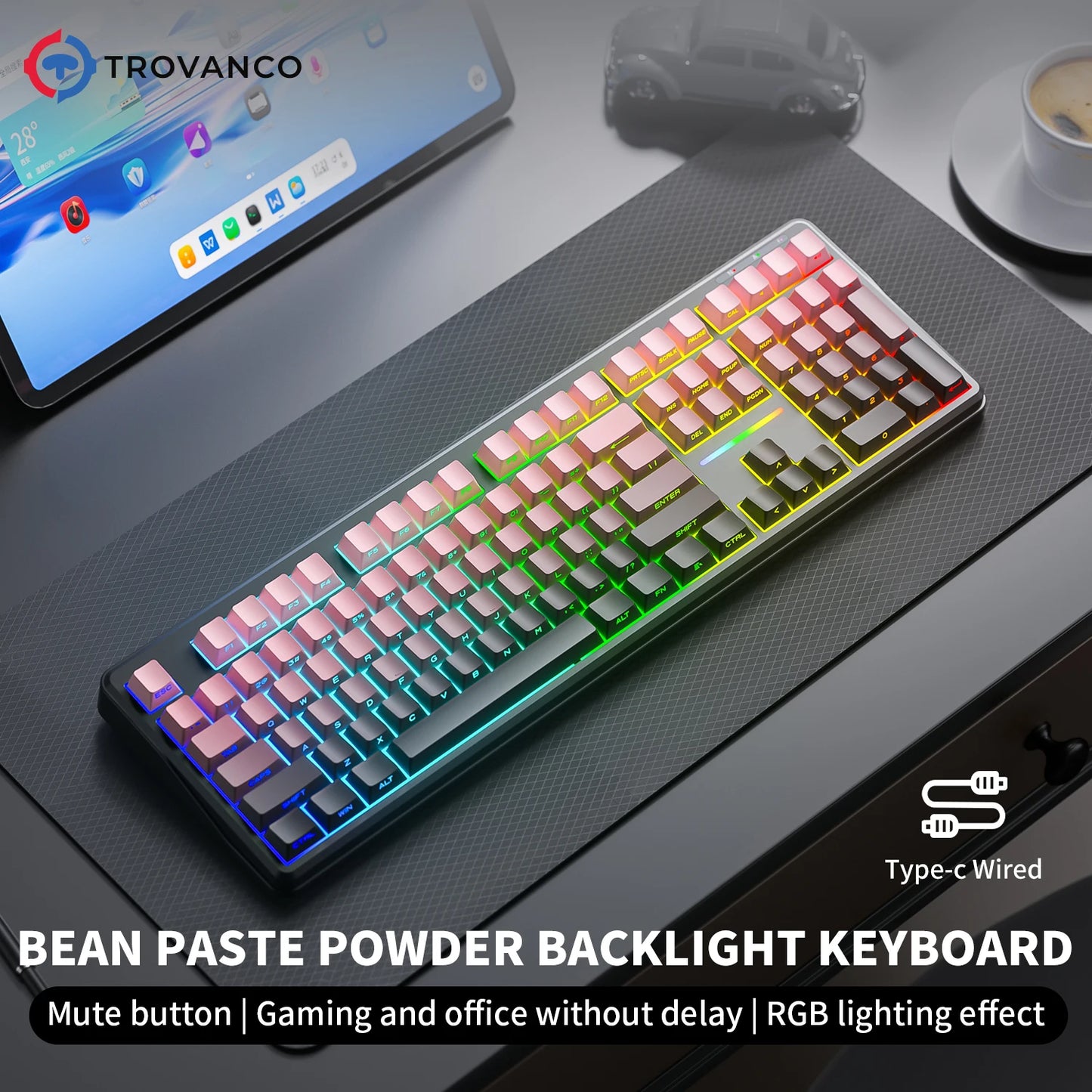 V108 Pro Bluetooth-Tastatur Büro, geräuscharm, 2.4G kabelgebunden & kabellos, vollständiges Layout mit RGB-beleuchteter Membran