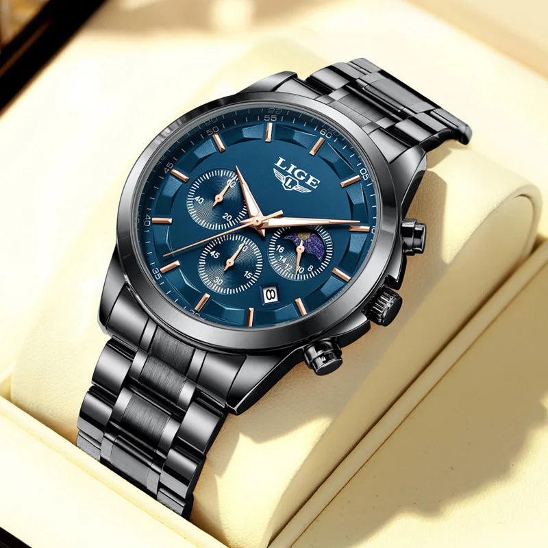LIGE Men’s Watch – Luxury quartz chronograph, water-resistant (3 bar), with luminescent hands