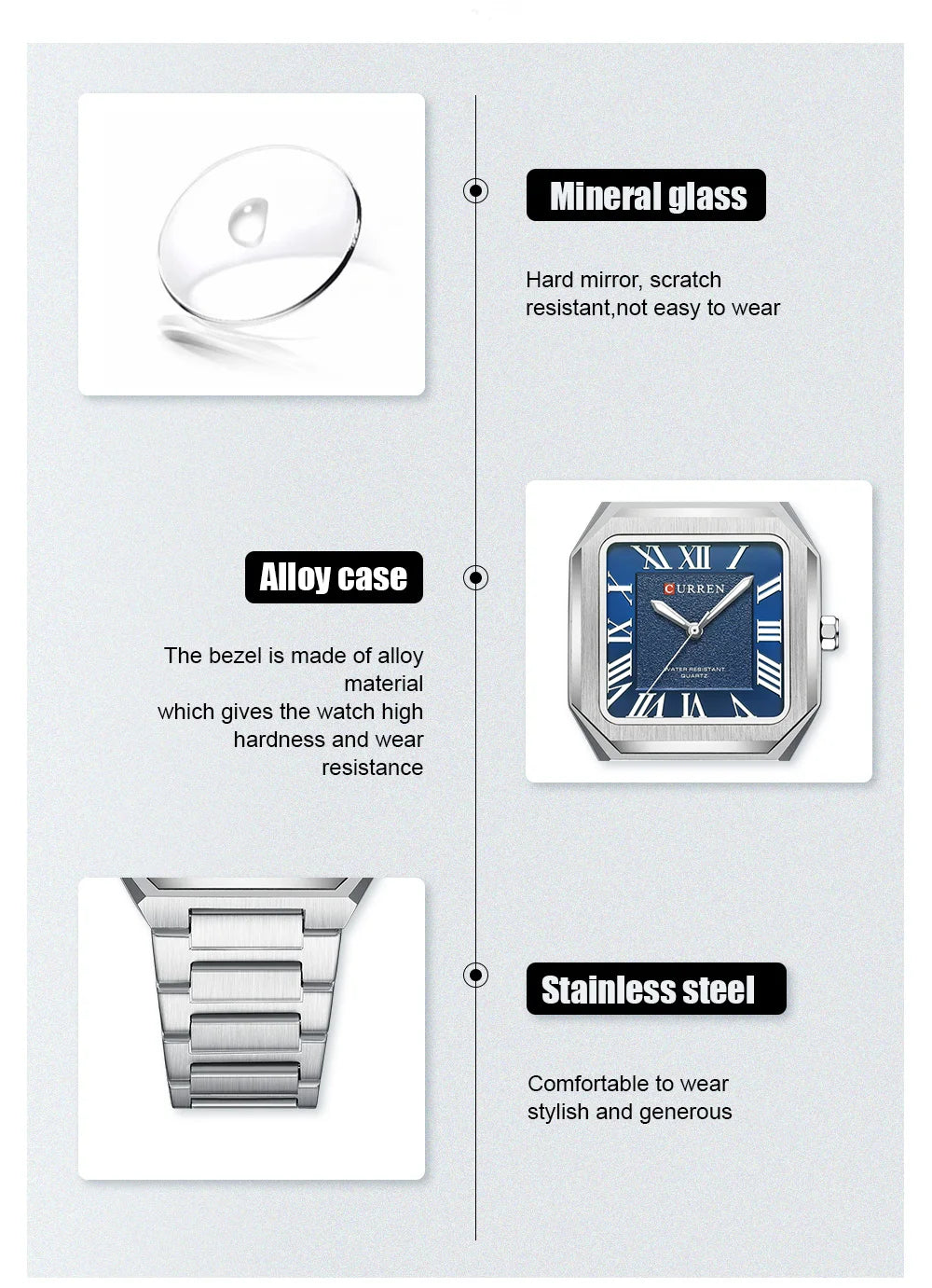 CURREN Vintage Square Design Dial with Roman Numeral Classic Business Dress Quartz Watch for Men with Luminous Hands 8482