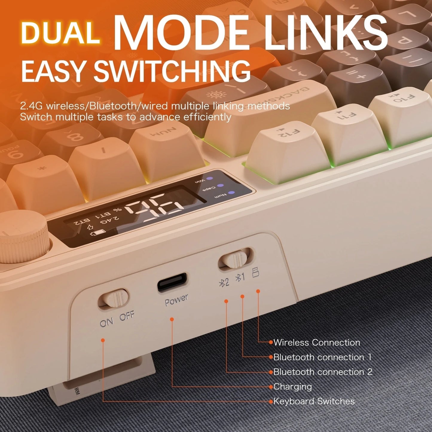 M96 kabellose Bluetooth-Tastatur FREEWOLF mit Digitalanzeige, RGB-Hintergrundbeleuchtung, 2000mAh-Akku & PBT-Tastenkappen für PC/Laptop