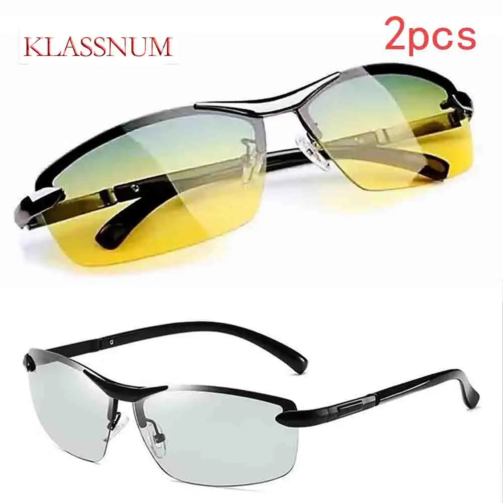 KLASSNUM Men Fashion Cycling Rimless Sunglasses Photochromic Polarized Shades Color Changing Fishing Car Driving Yellow Glasses
