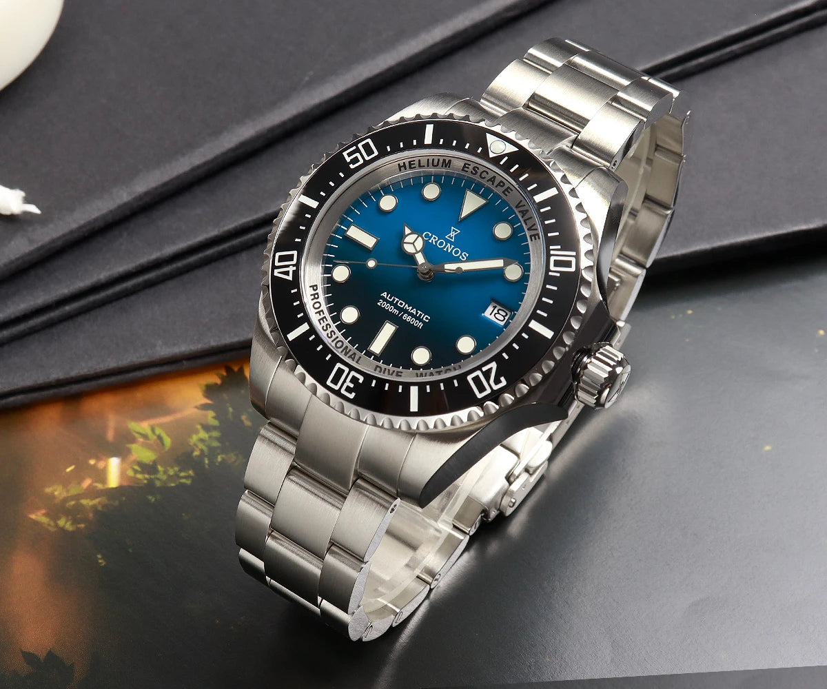 Cronos Automatic Diving Watch Stainless Steel 2000Meters Water Resistance Professional Diver PT5000 SW200 Miyota9015 90S5 L6027M