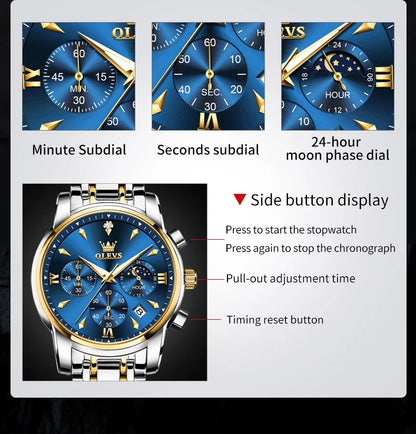 OLEVS 3639 Top Brand Original Luxury New Quartz Watch Stainless Steel Watch For Men Waterproof Luminous Moon Phase Mens Watch