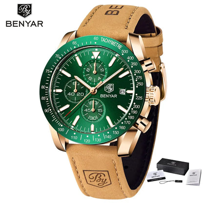 BENYAR luxury men’s watches – Quartz wristwatches with leather straps, water-resistant to 30 m, sporty style.