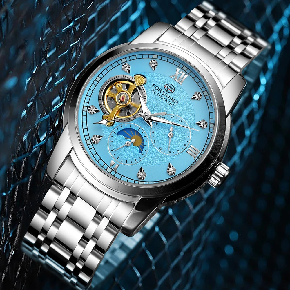 Forsining mekanisk automatisk herreur – Luksus-, forretnings- og modestil, metalarmbånd, tourbillon, selvlysende visere, prydet med syntetiske diamanter
