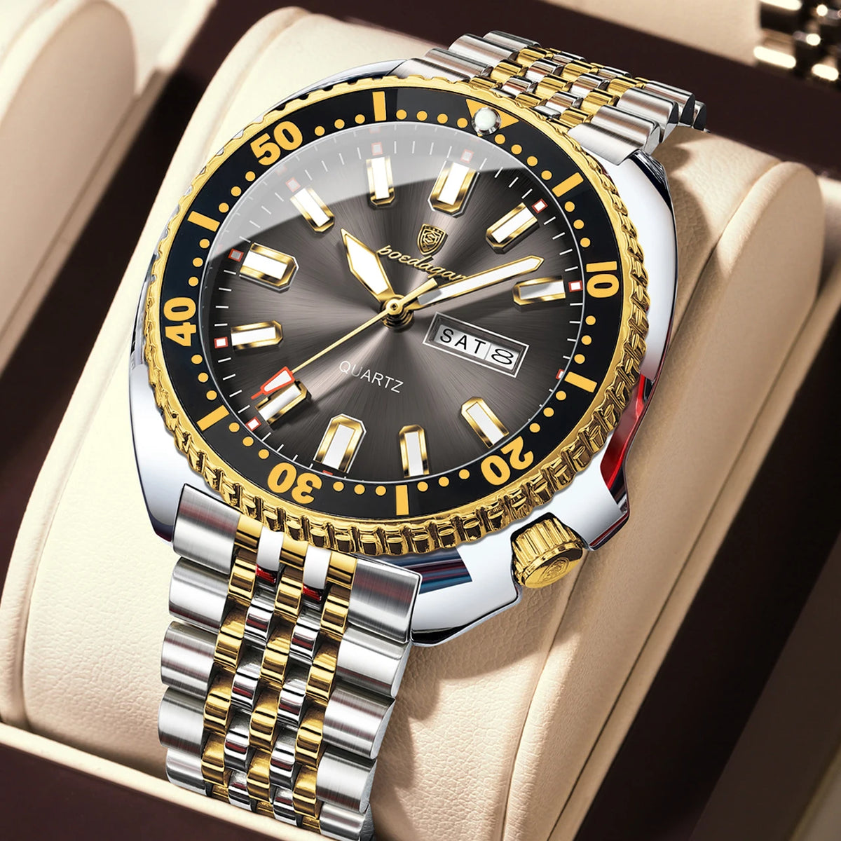 POEDAGAR luxury men’s watch, business style, with date and day of the week, water-resistant and luminous, made of stainless steel and powered by a quartz movement.