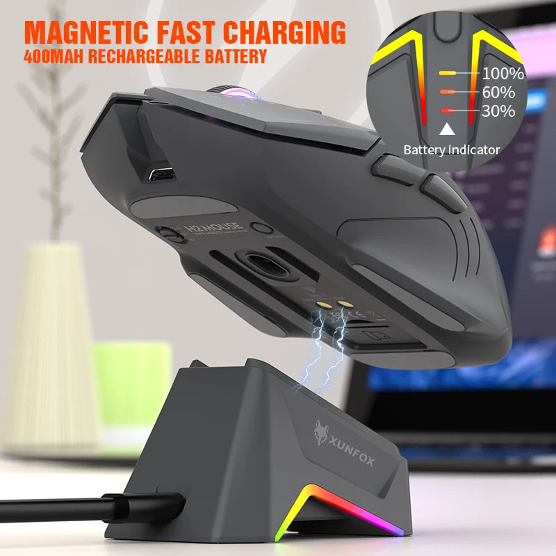 Mouse wireless Bluetooth dual-mode XUNSVFOX H2 con effetti di illuminazione RGB, per laptop, gaming e ufficio, ricarica magnetica