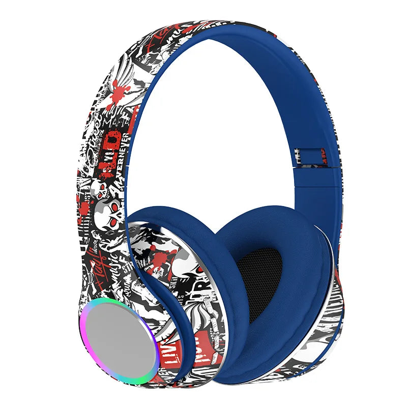 P85 Graffiti Wireless Headset Bluetooth 5.3 Gamer Headphones with Microphone Overhead Headphone with LED Light Foldable FM Radio