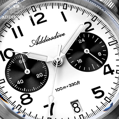 Relógio Masculino ADDIESDIVE 2025 New Panda Eye Retro Luxo VK64 Quartz, Cronógrafo Desportivo, 100M Impermeável, Luminoso