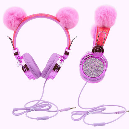Casque filaire pour enfants, avec oreilles de chat et microphone, oreilles en peluche de licorne, idéal pour les cours en ligne, les jeux vidéo, les étudiants, les filles et les garçons.