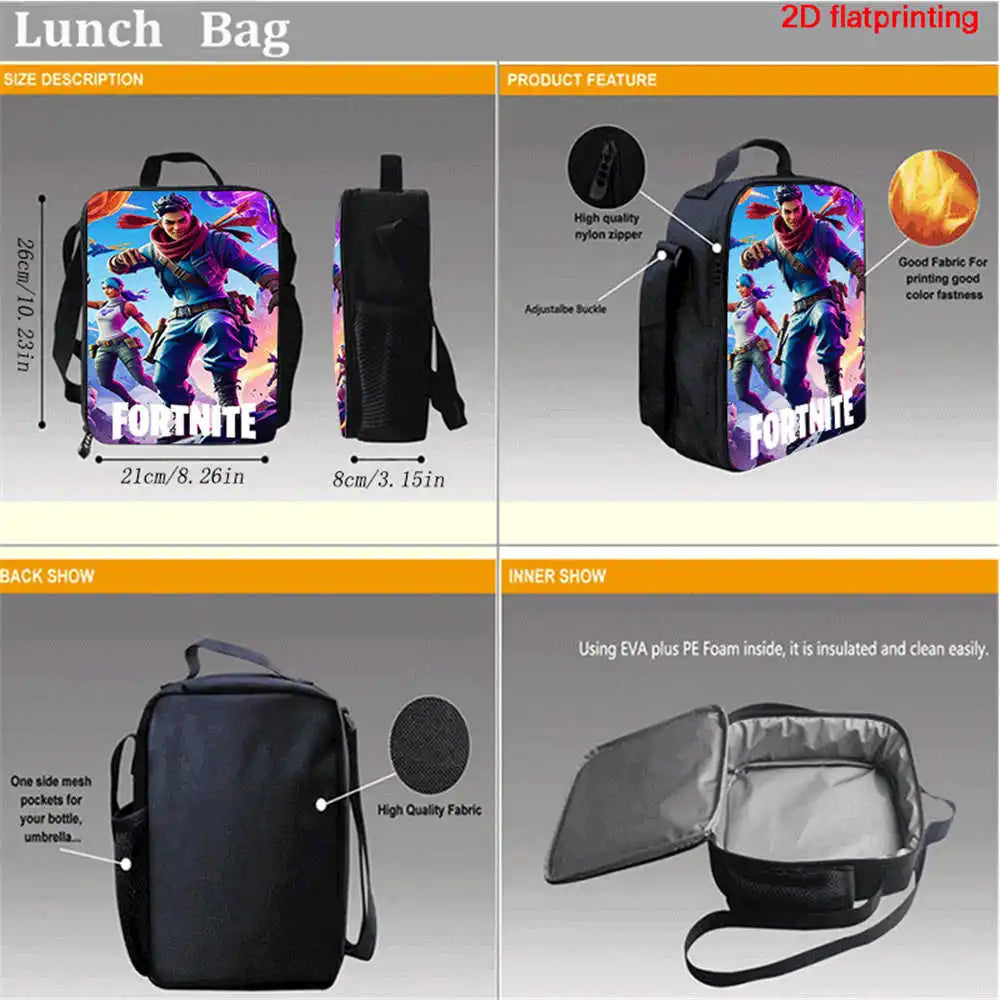 Fortnite-Cartoon-Lunchbag, tragbare isolierte Lunchbag, wiederverwendbare Tasche zur Aufbewahrung von Lebensmitteln, geeignet für Kinder und Schüler.