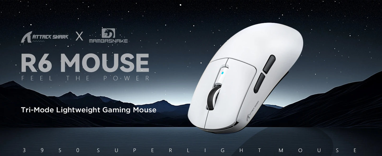 Rato Gaming Sem Fios Leve Attack Shark R6, Sensor PAW 3950Max para Computador com Nordic 52480, Polling 8KHz