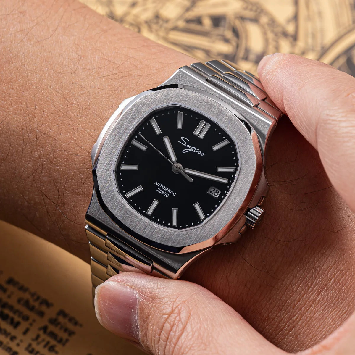 Orologio da uomo Sugess automatico meccanico da polso, movimento Miyota 9015, quadrante MOP, luminoso, impermeabile 5bar, bracciale di lusso S466
