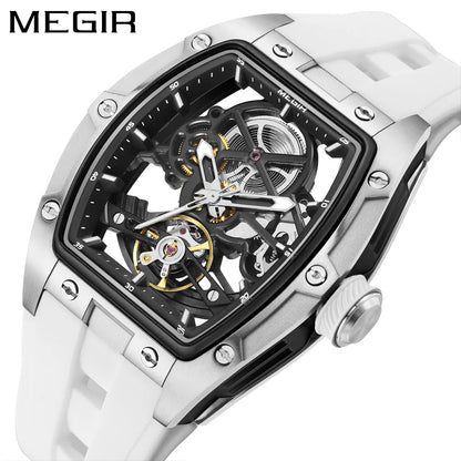 MEGIR men’s mechanical watch, tonneau shape, open-worked skeletonised dial, sporty style, silicone strap, luxury automatic watch