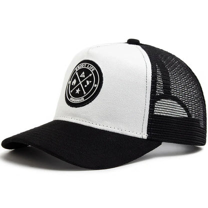 Populär mesh-baseballkeps, unisex, moderiktig, avslappnad, andningsbar, med bokstavsikon, hiphop-trucker-keps, utomhussport, pappakeps