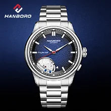 HANBORO men’s mechanical watch – Automatic movement, alarm, hourly chime, water-resistant to 100 m, sapphire crystal, steel case, elegant and unique style.