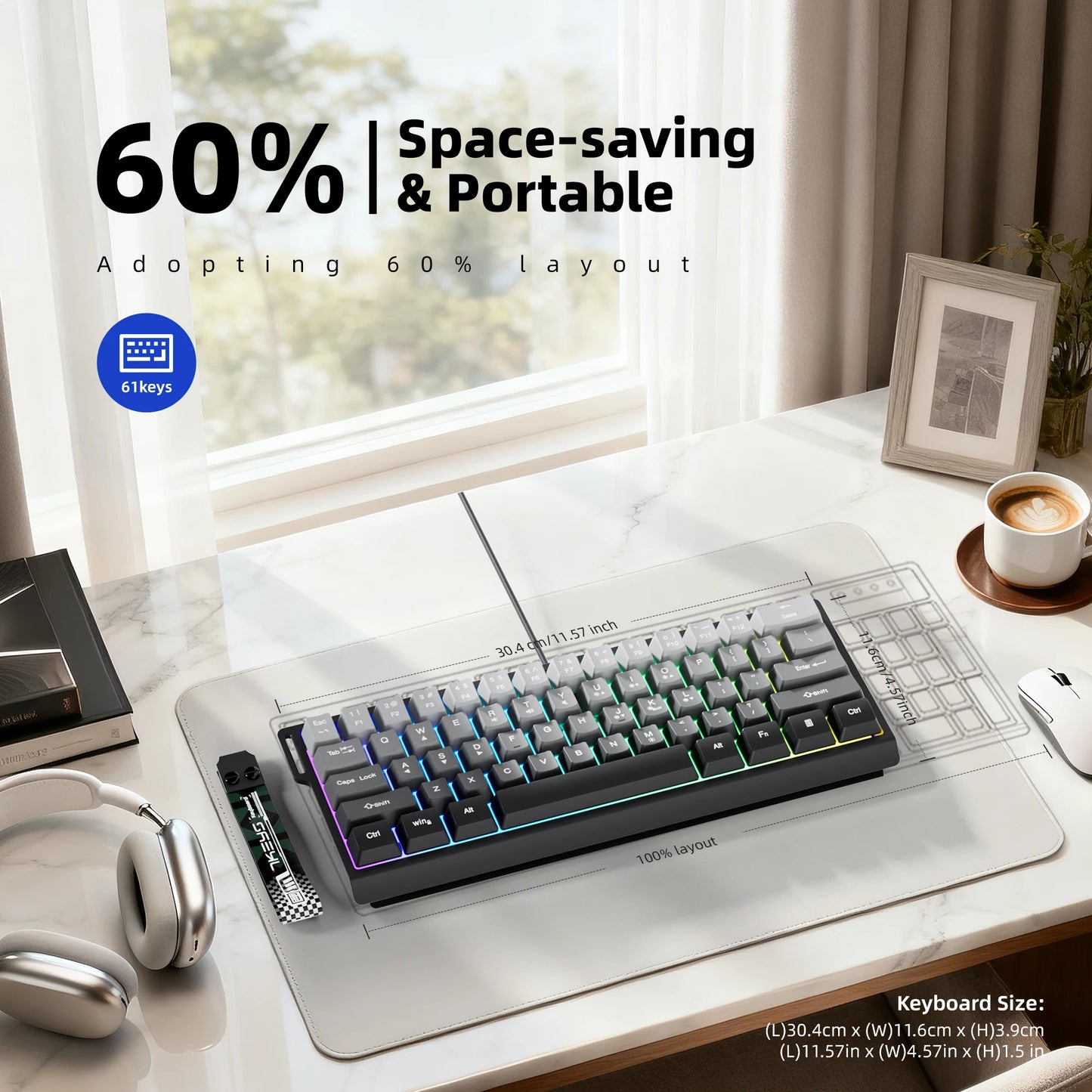 7KEYS 60% Compact Wired Keyboard with RGB Backlighting, Gradient Keycaps, USB Gaming Keyboard for Windows PC, Laptop & Tablet