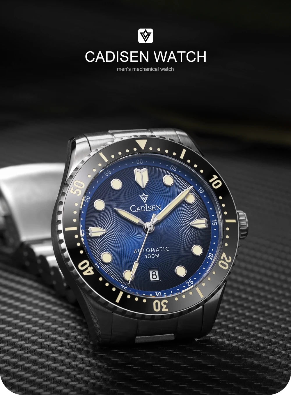 CADISEN Mechanical Automatic Watch Luxury Sapphire Japan MIYOTA 8215 Blue Wristwatch Ceramic Ring Waterproof Gift Men Watch