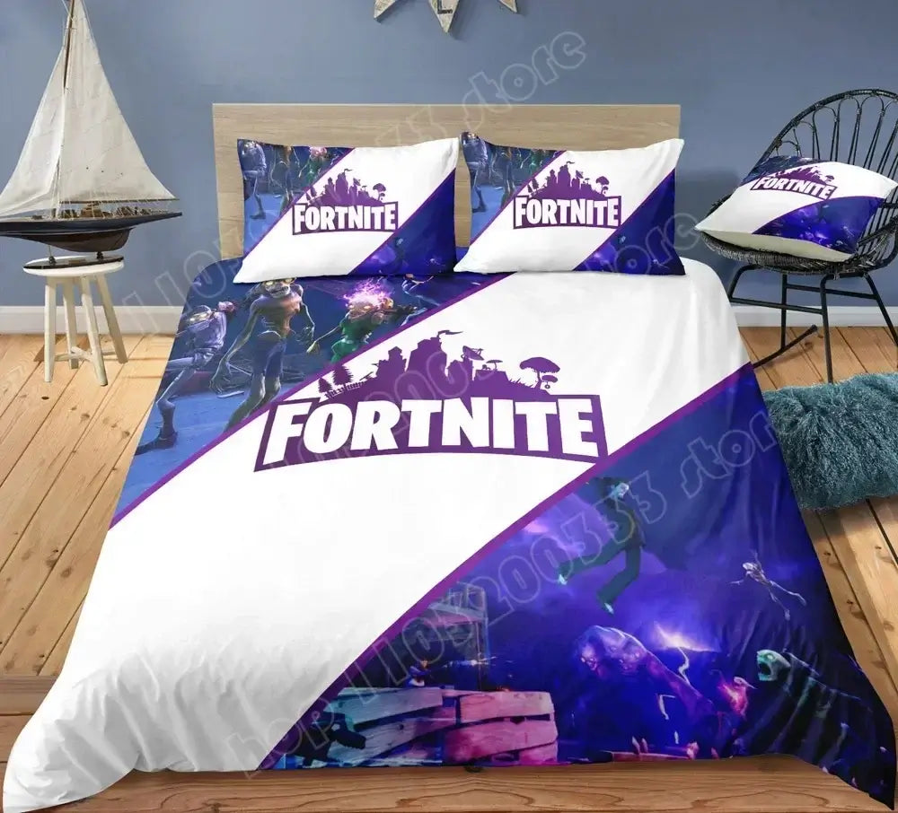 Спален комплект Fortnite с плик за завивка, 3 части, 3D принт, спално бельо за спалня, игра, аниме, анимационна калъфка за възглавница, декорация за стая, подаръци