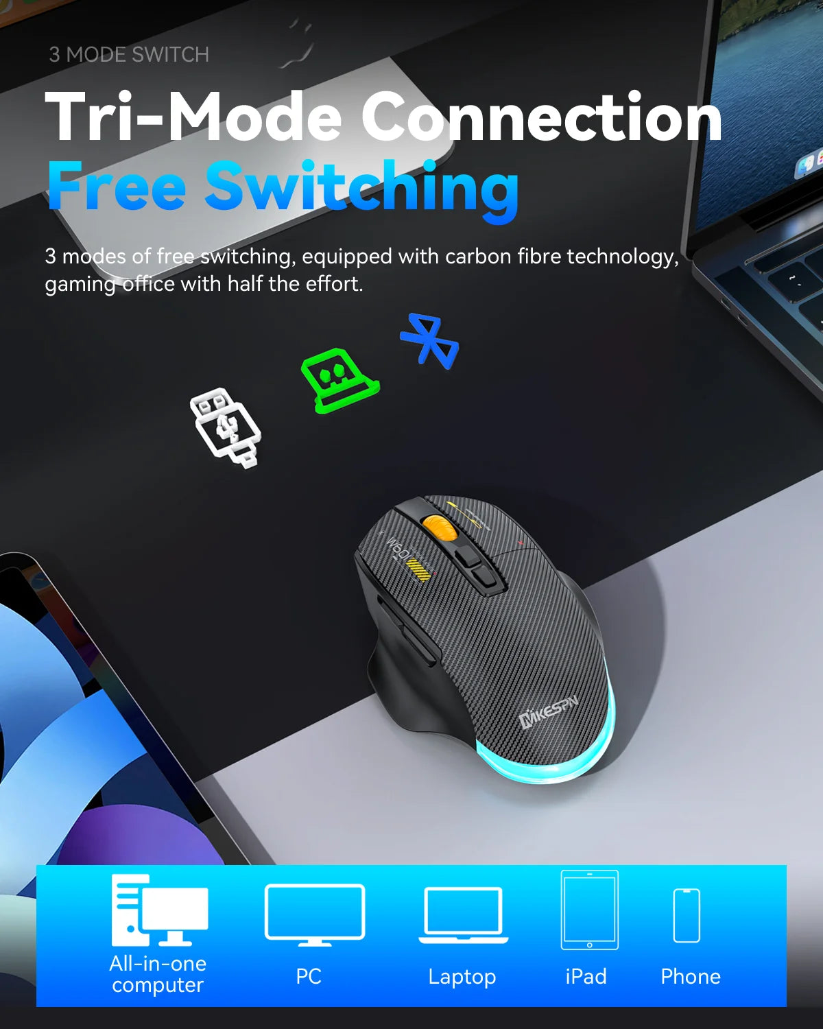 Mouse da gaming wireless Bluetooth, 12800 DPI, mouse RGB cablato/wireless con 7 pulsanti programmabili, per PC, laptop e gaming