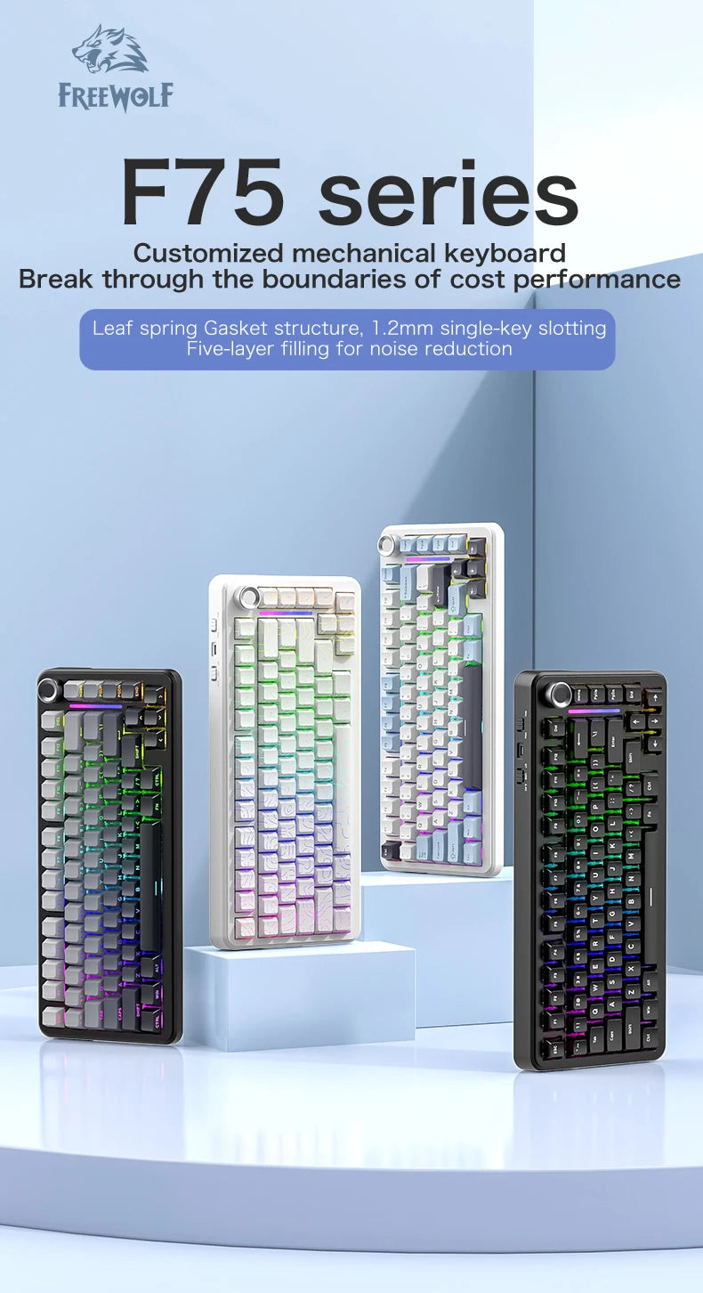 F75 Mechanische Tastatur FREEWOLF * AULA F75 Bluetooth-Tastatur mit drei Verbindungsmodi, speziell für Gaming und Büro entwickelt