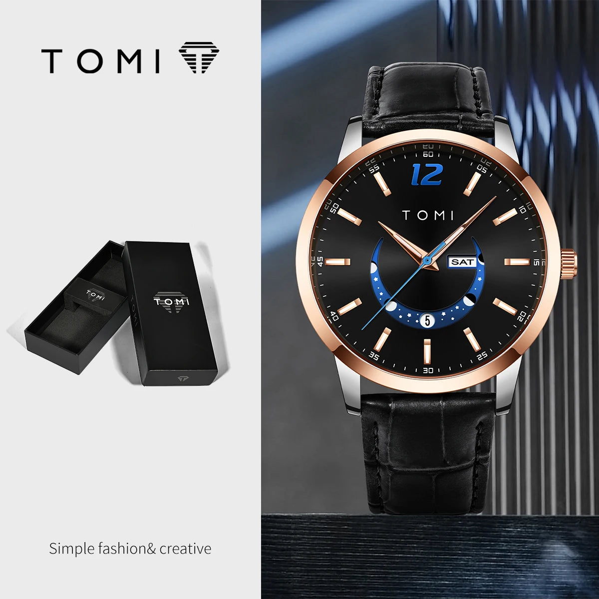 Orologio al quarzo TOMI, dallo stile elegante e professionale, con cinturino in pelle, cassa in lega e quadrante con lancette – Design di alta gamma, idea regalo per uomo