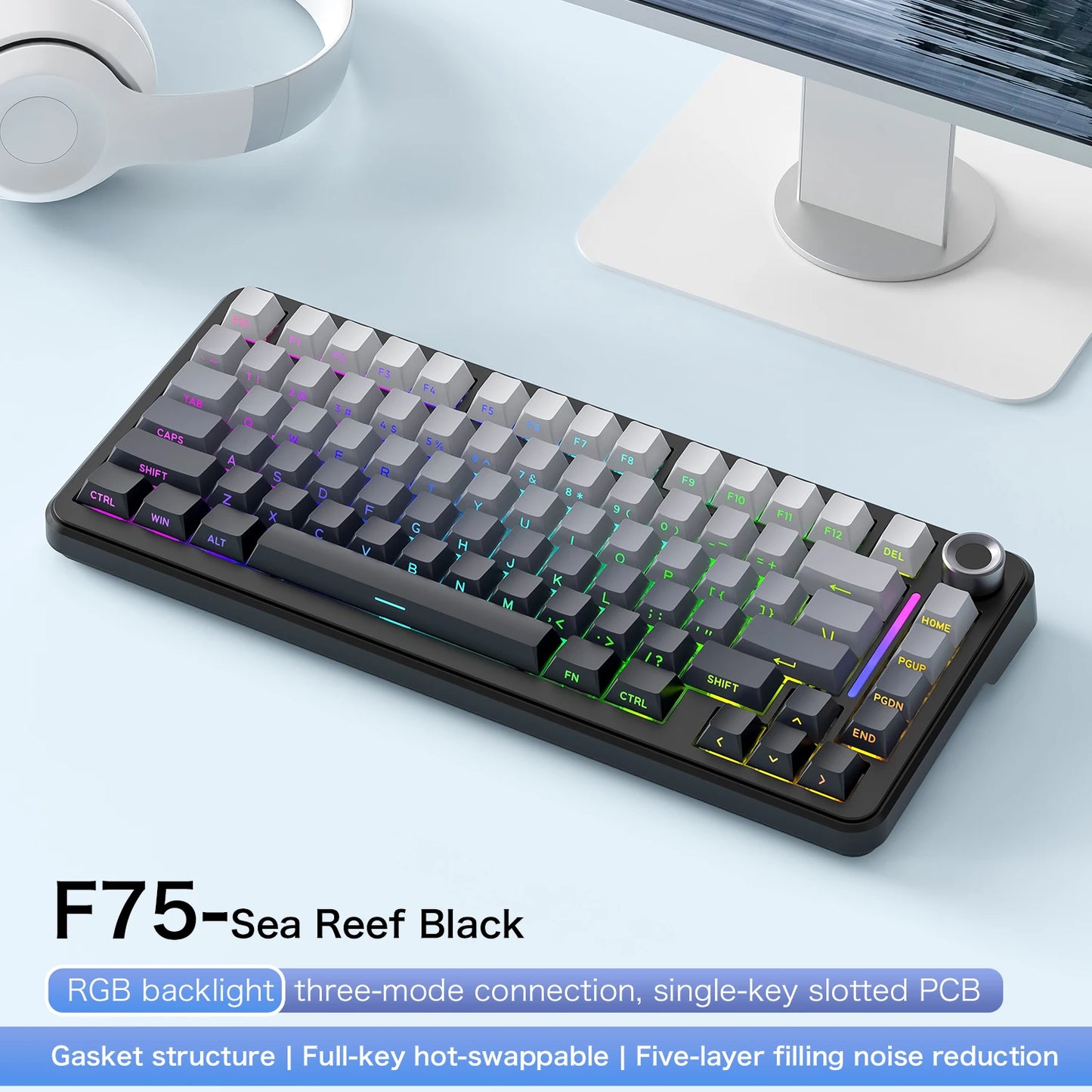 F75 Mechanische Tastatur FREEWOLF * AULA F75 Bluetooth-Tastatur mit drei Verbindungsmodi, speziell für Gaming und Büro entwickelt